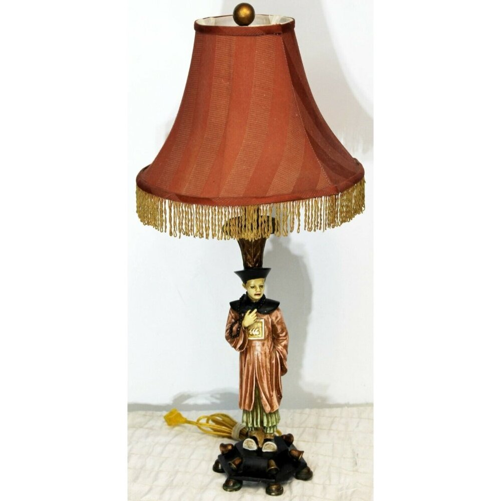 Berman Oriental Asian Man Figurine Lamp Red Lamp Shade Orange Fringe Trim Color
